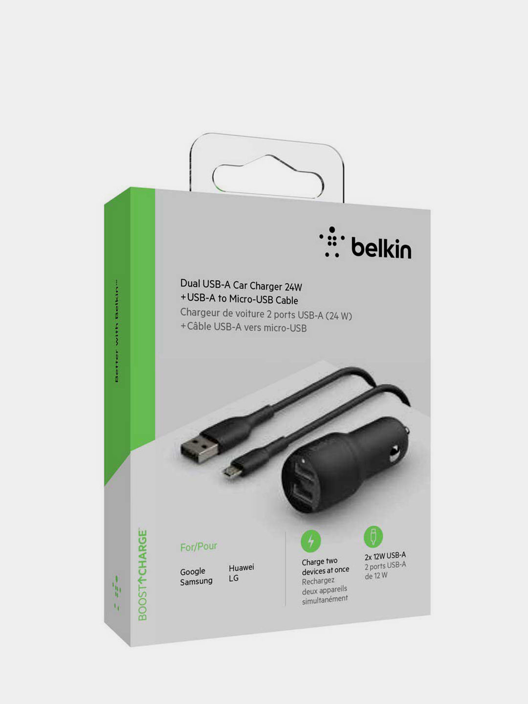Zaryadlash qurilmasi Belkin Car Charger 24W Dual USB-A, USB-A-USB-C, 1 m, qora