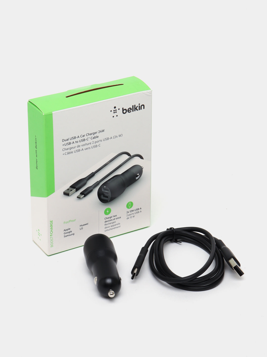 Zaryadlash qurilmasi Belkin Car Charger 24W Dual USB-A, USB-A-USB-C, 1 m, qora