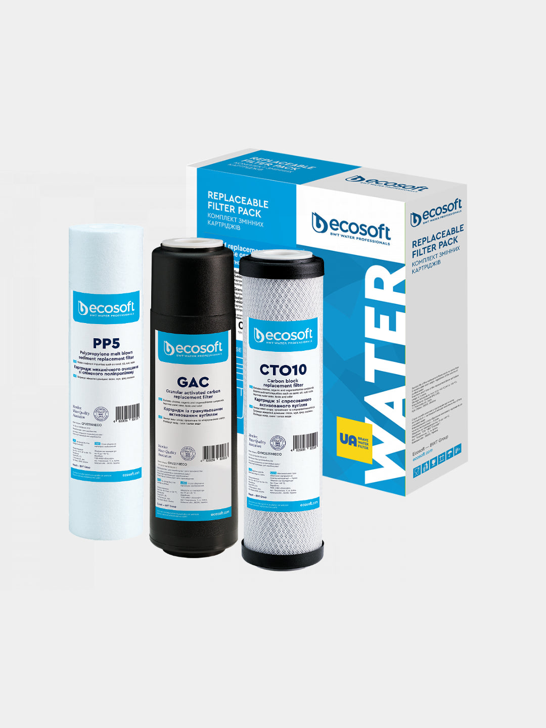 Yaxshilangan kartrij to'plami Ecosoft 1-2-3 teskari osmos filtri uchun