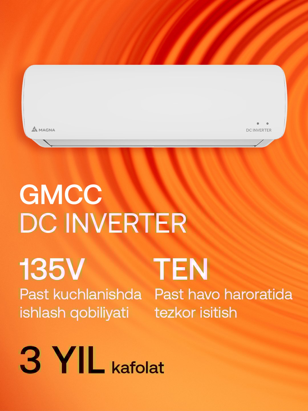 Konditsioner MAGNA CHSI-12H, DC Invertor, isitish TEN mavjud, 4D havo oqimi