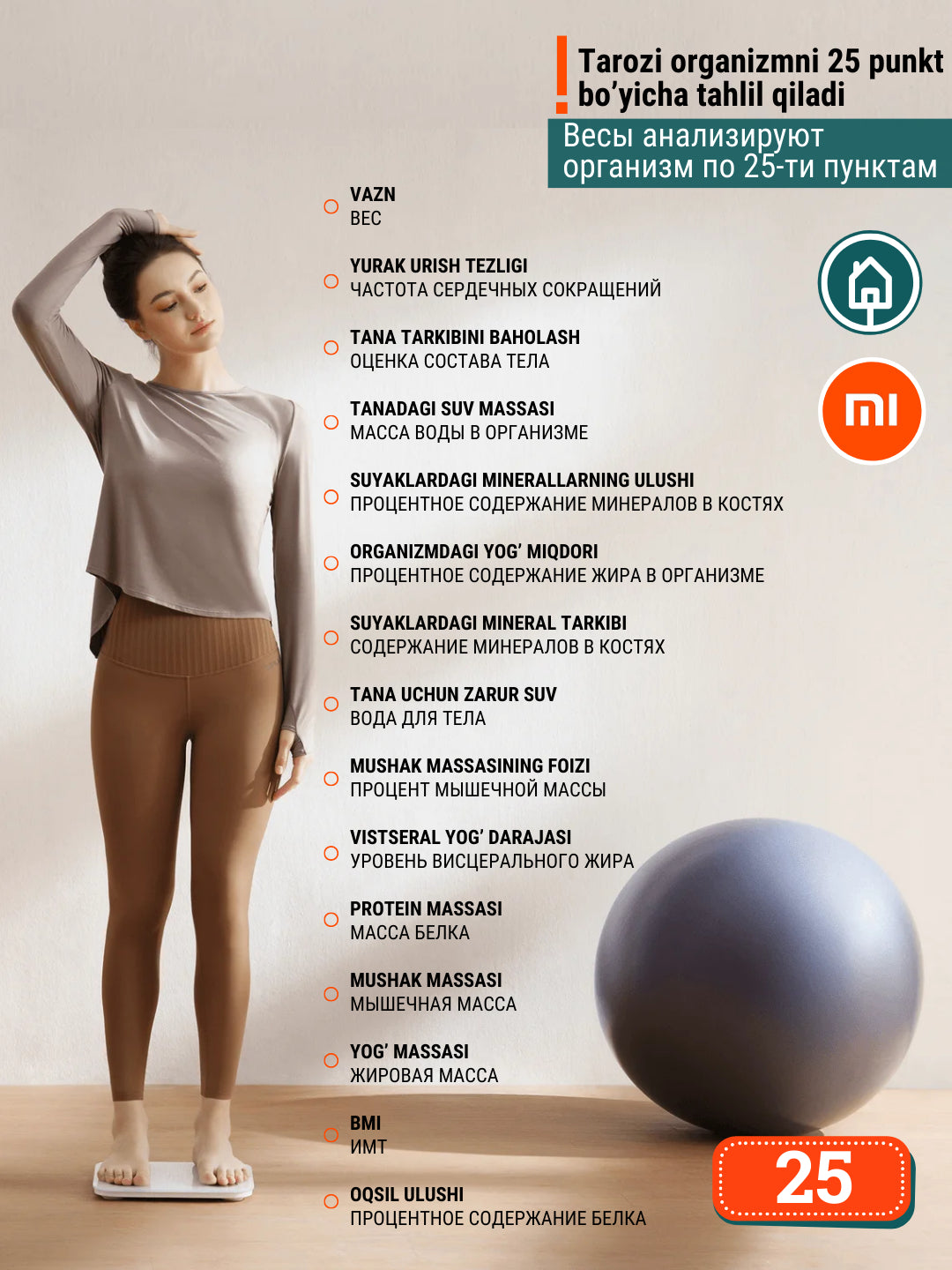 Aqlli tarozi Xiaomi Mi Body Composition Scale S400, 25 ta tana va sog'lik ko'rsatkichlari