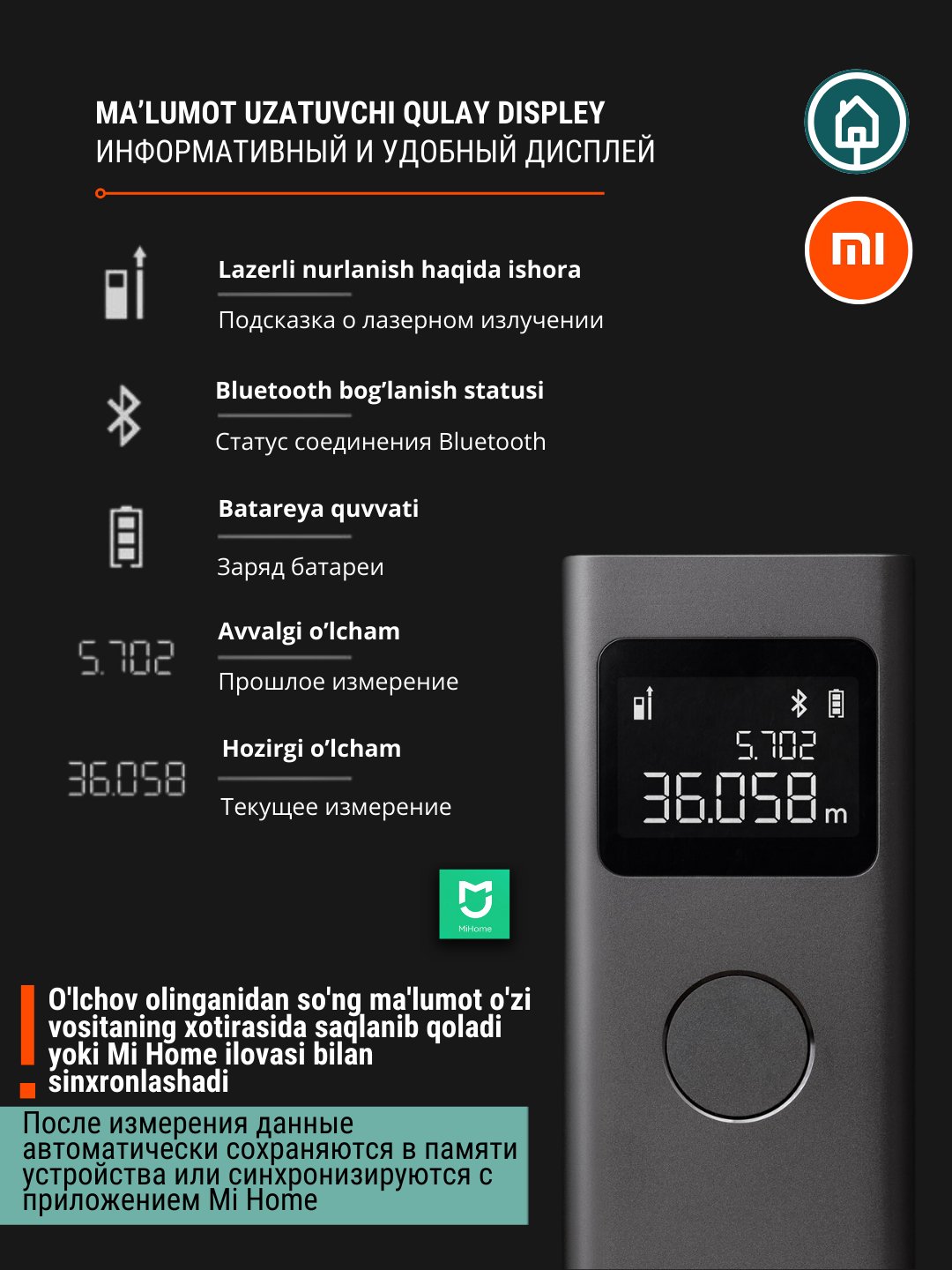 Xiaomi Smart Laser Measure lazerli olchagich ta'mirlash, qurilish ishlariga mo'ljallangan