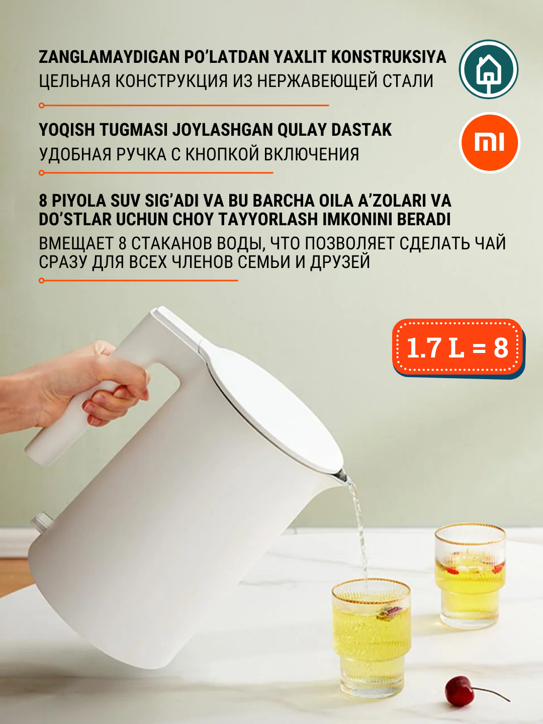 Aqlli elektr choynak Xiaomi Mi Electric Kettle 2 Global, zanglamaydigan po'latdan, 1.7 L