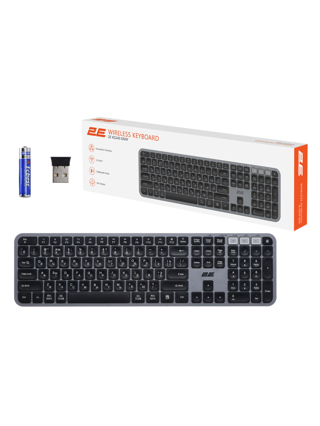 Simsiz membranali klaviatura 2E KS240 WL BT Grey 2E-KS240WG