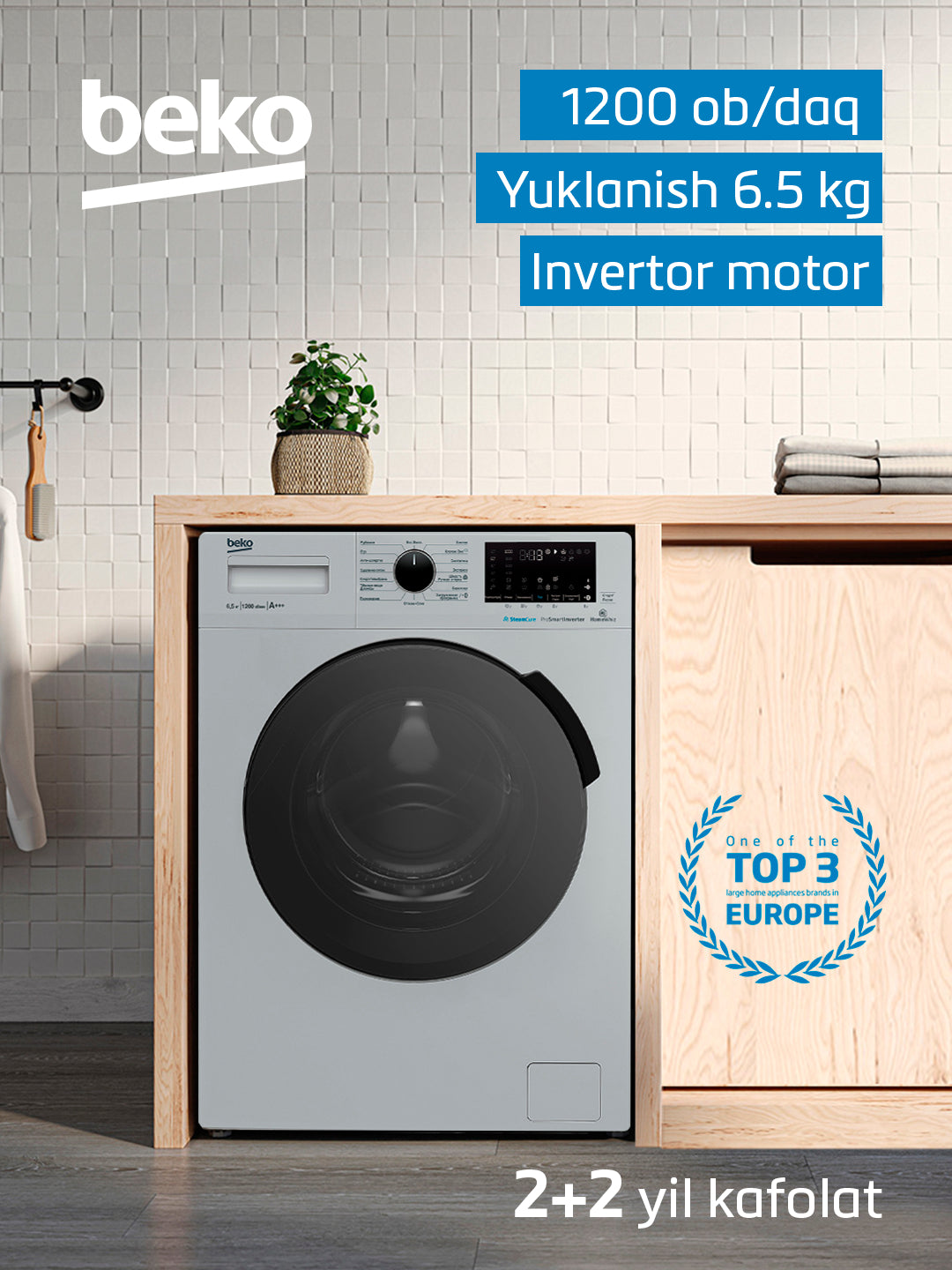 Beko WSPE6H616S kir yuvish mashinasi, 1200 ob/daq, invertor, 6.5 kg, bug' bilan yuvish