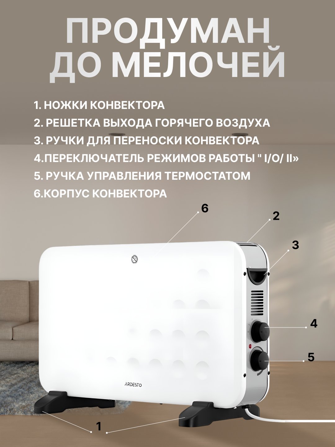 Isitkich, elektr konvektor Ardesto CHH-2000MWC, 2000 Vt, 20 m2, IP20+