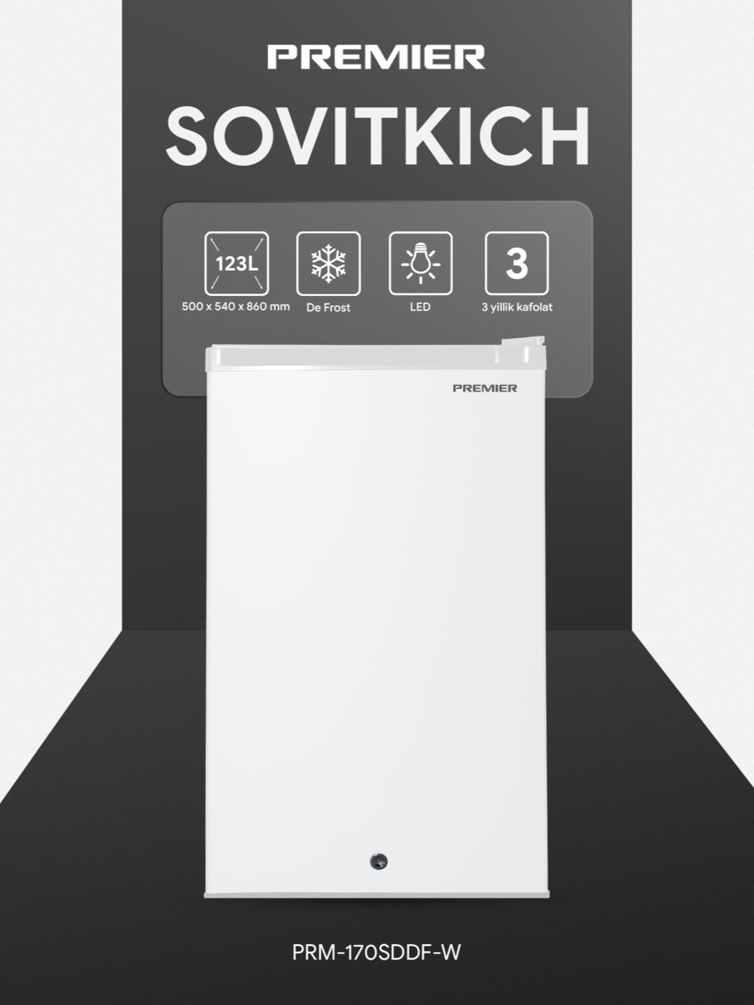 Sovutgich Premier PRM‑170 SDDF/W, 123 litr, bir kamerali, De Frost, teskari eshiklar