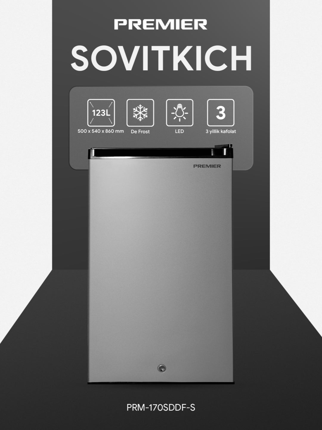 Sovutgich Premier PRM‑170 SDDF/W, 123 litr, bir kamerali, De Frost, teskari eshiklar