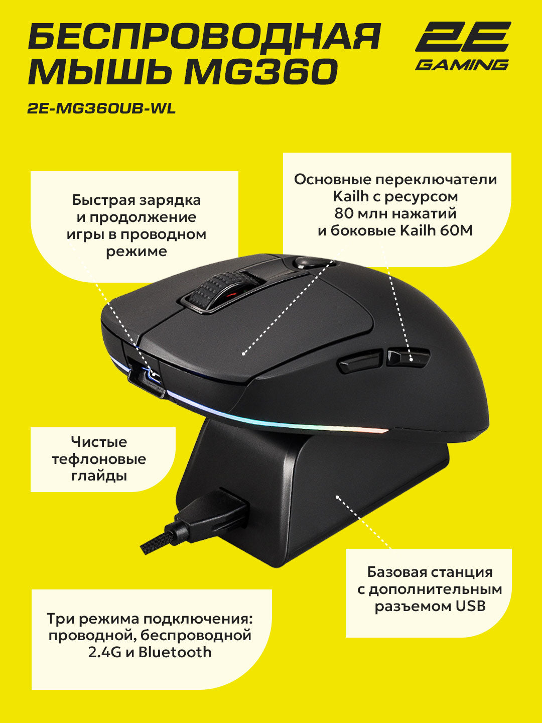2E GAMING MG360 WL, quvvatlash stantsiyasiga ega, simsiz oyin sichqoncha, bluetooth, 2.4Hz