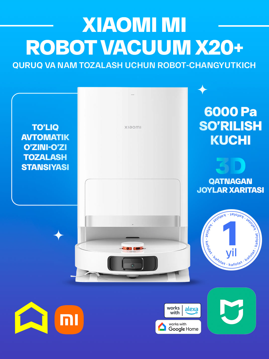 Aqlli robot changyutgich Xiaomi Mi Robot Vacuum X10, X10+, X20+, o'zini tozalash bazasi