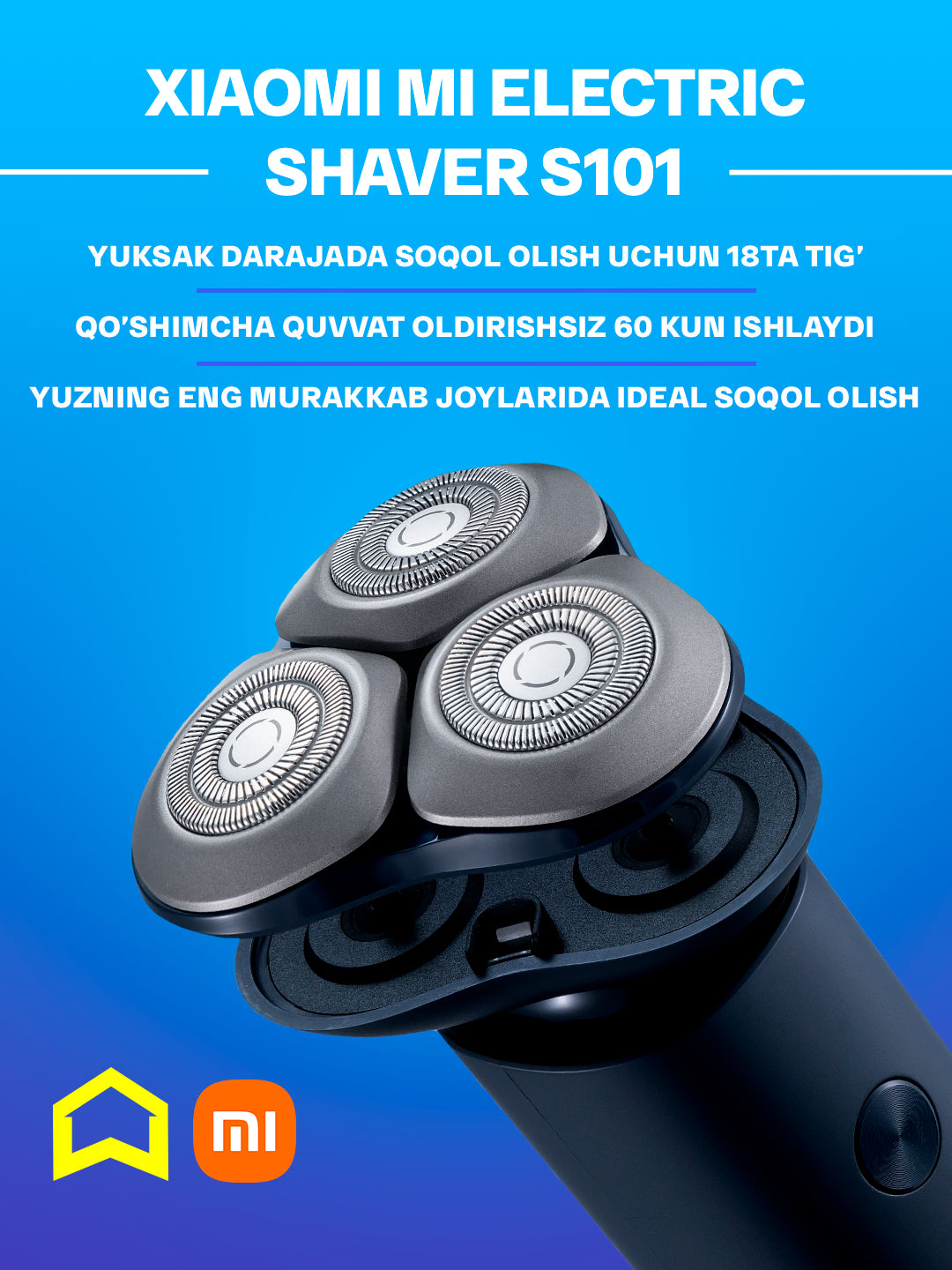 Elektr ustara Xiaomi Mi Electric Shaver S101, 60 kungacha qoshimcha quvvatlashsiz