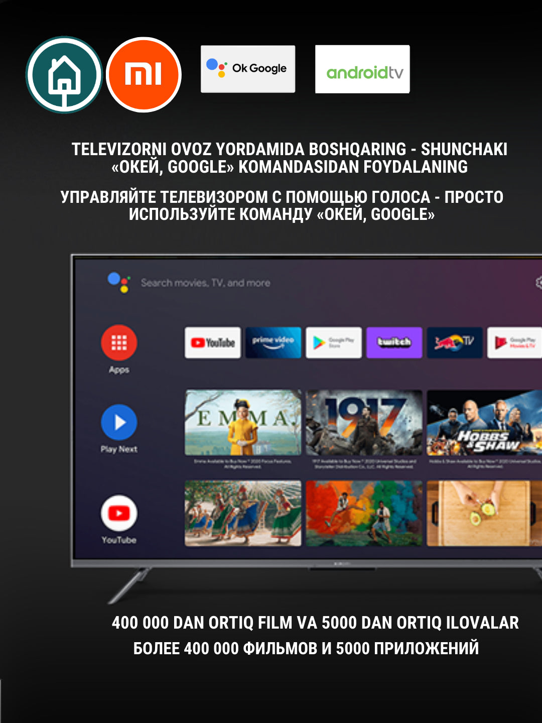 Aqlli smart televizori Xiaomi Mi TV Q2 65 Global, 60 Gs, 4K, ovozli boshqarish