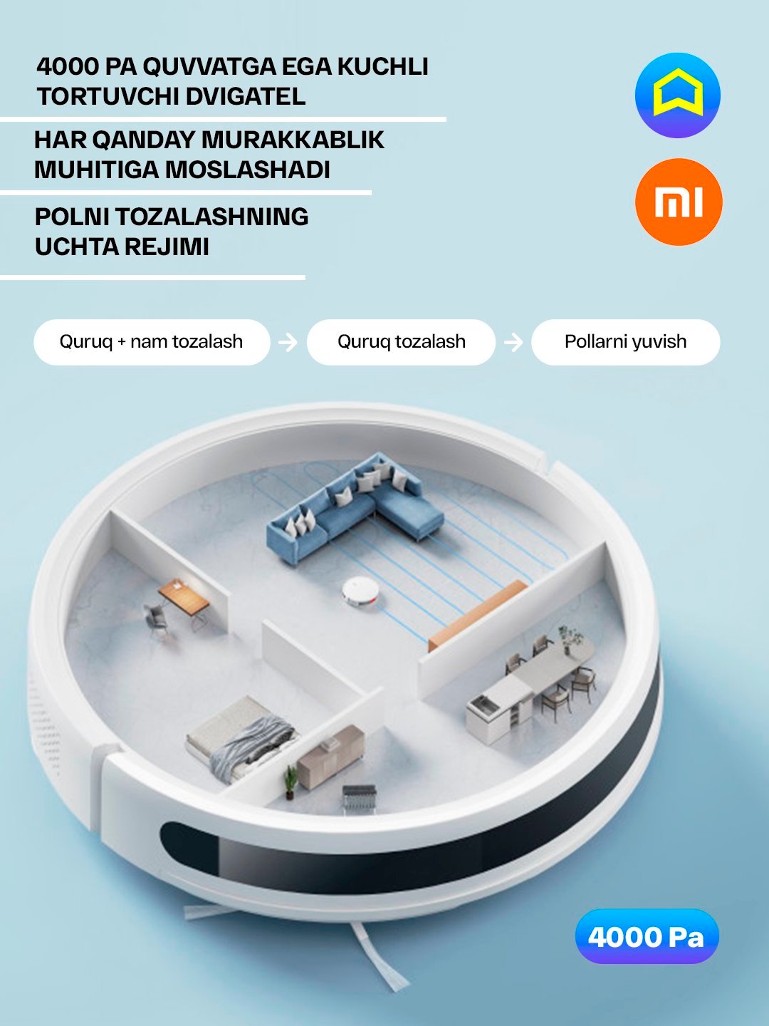 Aqlli robot changyutgich Xiaomi Mi Robot Vacuum E12 Global, quruq va nam tozalash