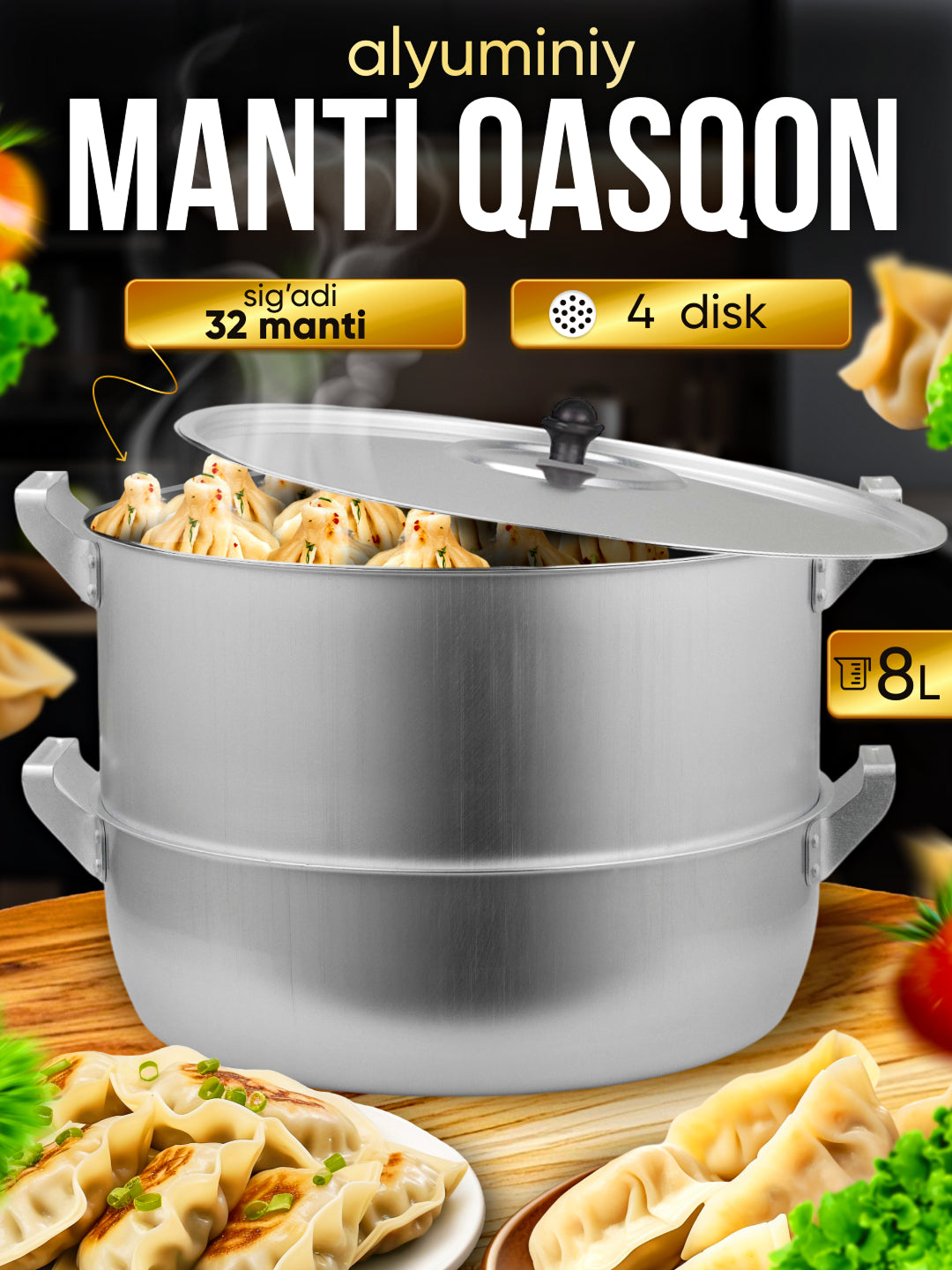 Mantovarka alyuminiy 8 l, manti qozon 4 disk, manti qasqon