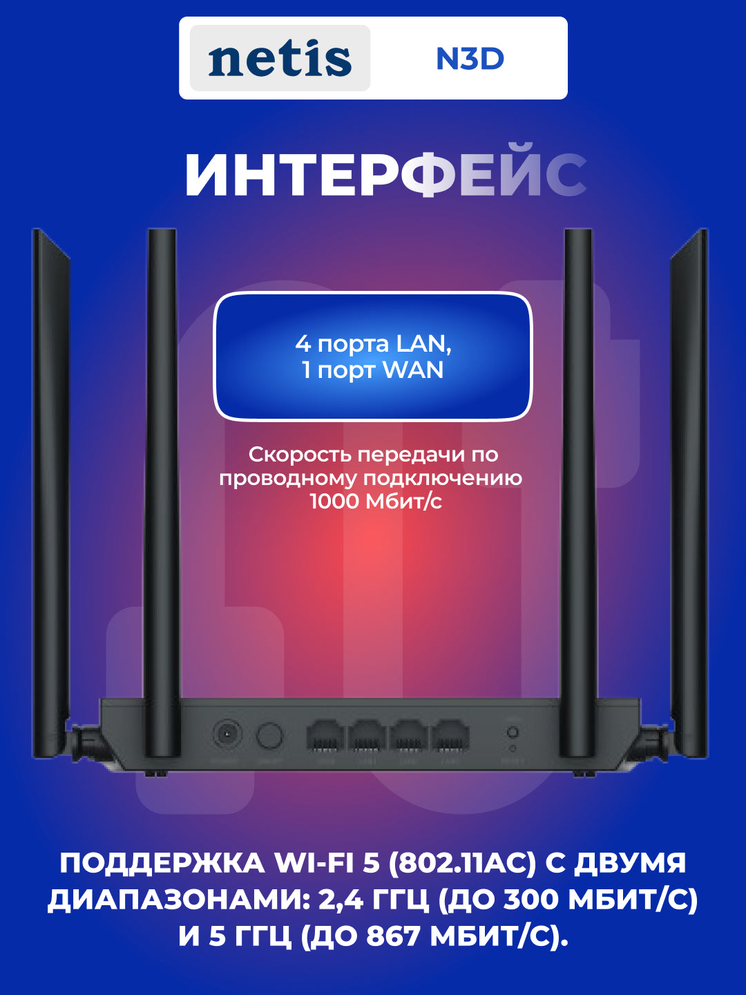 Wi-Fi router, Netis N3D AC1200 router, 3xLAN, 4x antenna