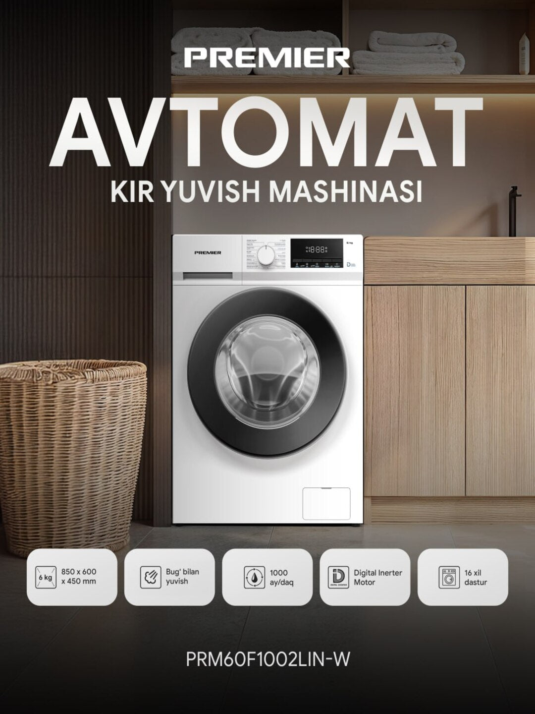 Kir yuvish mashinasi Premier PRM-60F1002LIN, 6 kg, Invertor, bug' bilan yuvish