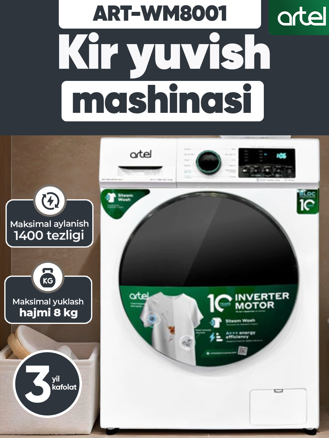 Avtomat kir yuvish mashinasi Artel ART-WM8001 invertor 8 kg