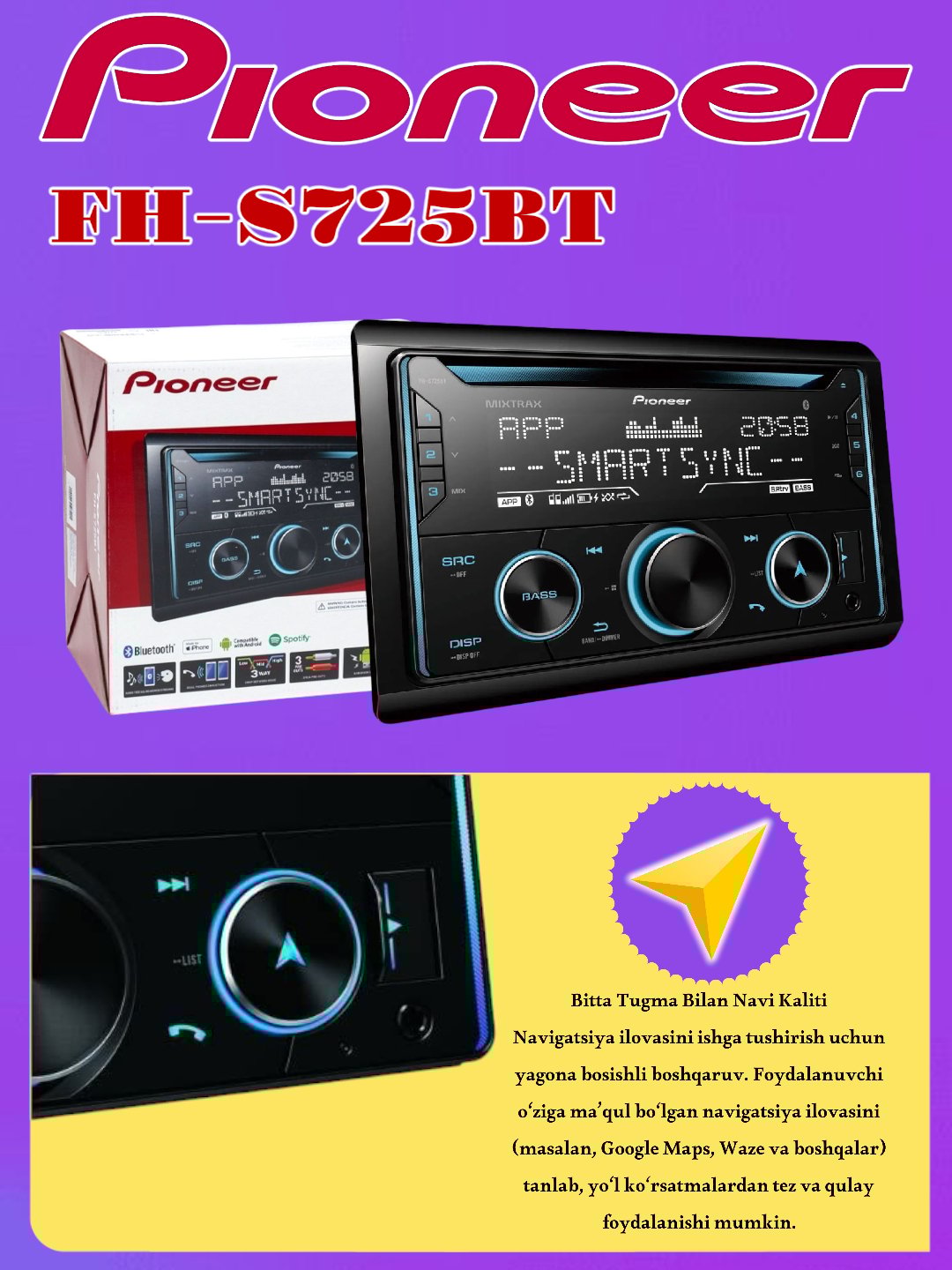 Avtomagnitola Pioneer FH-S725BT, Bluetooth texnologiyasi bilan