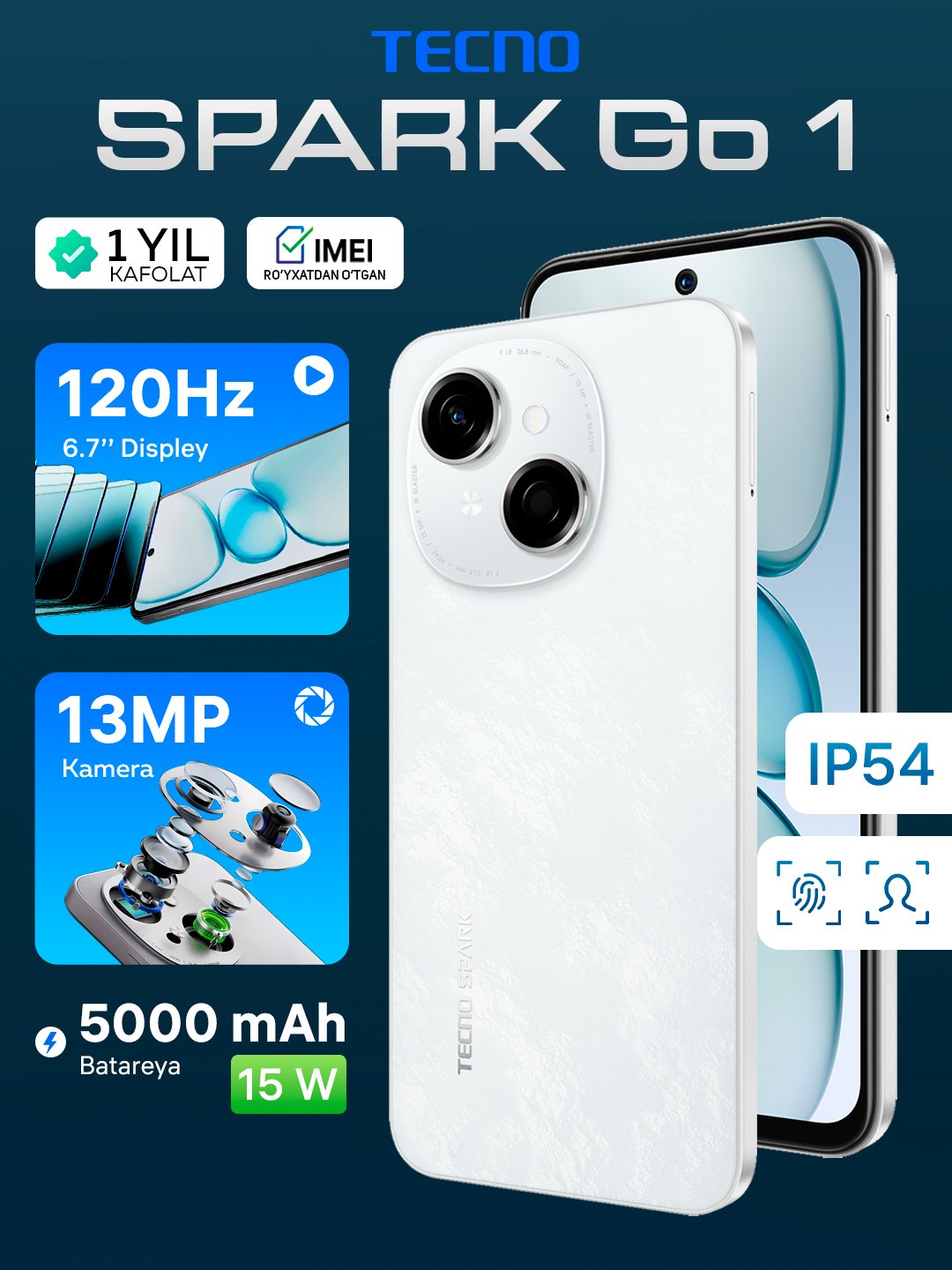 Smartfon Tecno Spark Go 1, 120 Hz, 3/64 GB va 4/64 GB, 6.67 IPS ekran