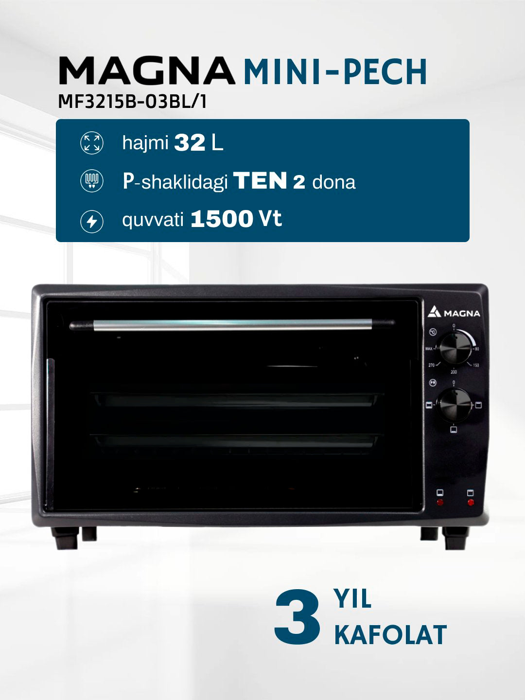 Mini pech Magna MF3215B-03BL/1, hajmi 32 litr, quvvati 1500 Vt