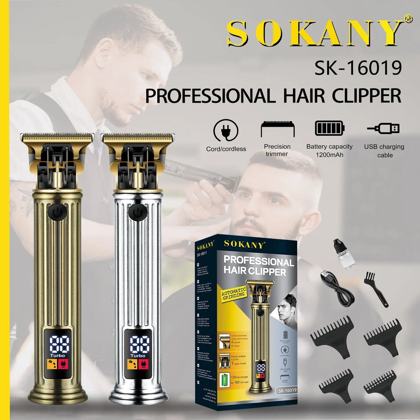 SOKANY SK-16019 soch kesish mashinasi zanglamaydigan po'latdan yasalgan kesish boshi va 1200 mAh batareyali