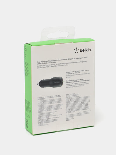 Zaryadlash qurilmasi Belkin Car Charger 24W Dual USB-A, USB-A-USB-C, 1 m, qora