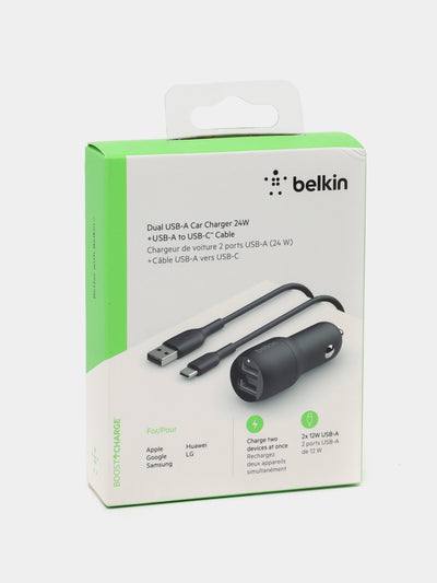 Zaryadlash qurilmasi Belkin Car Charger 24W Dual USB-A, USB-A-USB-C, 1 m, qora