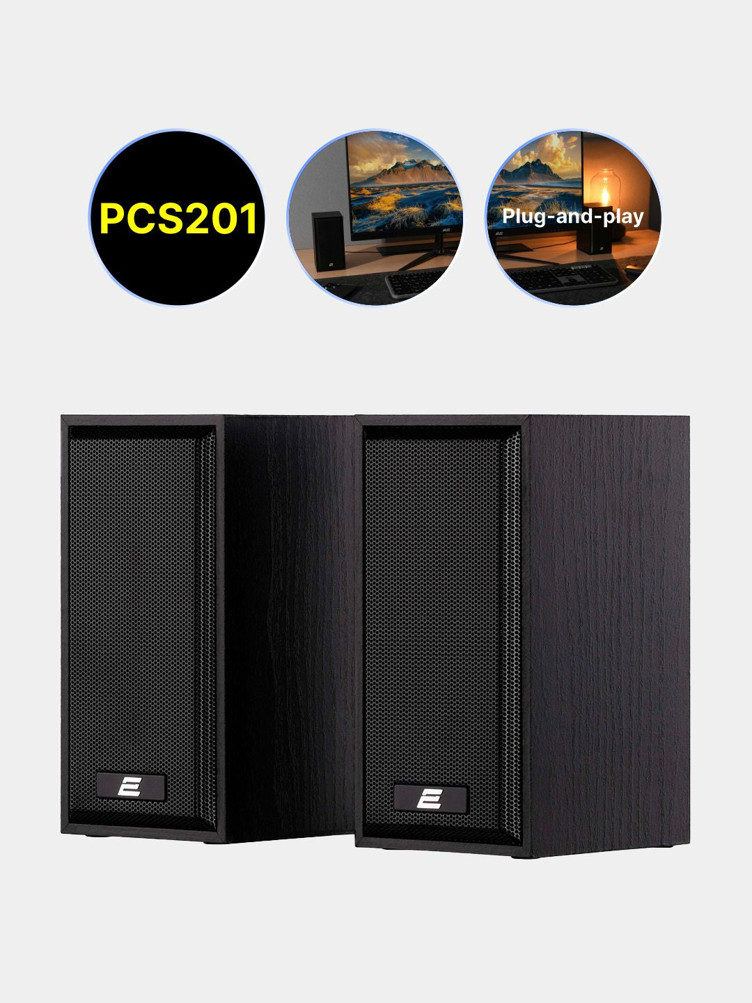 Kompyuter karnaylari, simli 2e shaxsiy kompyuter karnayi PCS201, 2.0, USB, qora yog’och