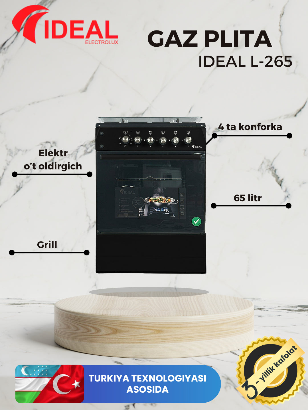 Gaz plita IDEAL L265, 3 yillik kafolat