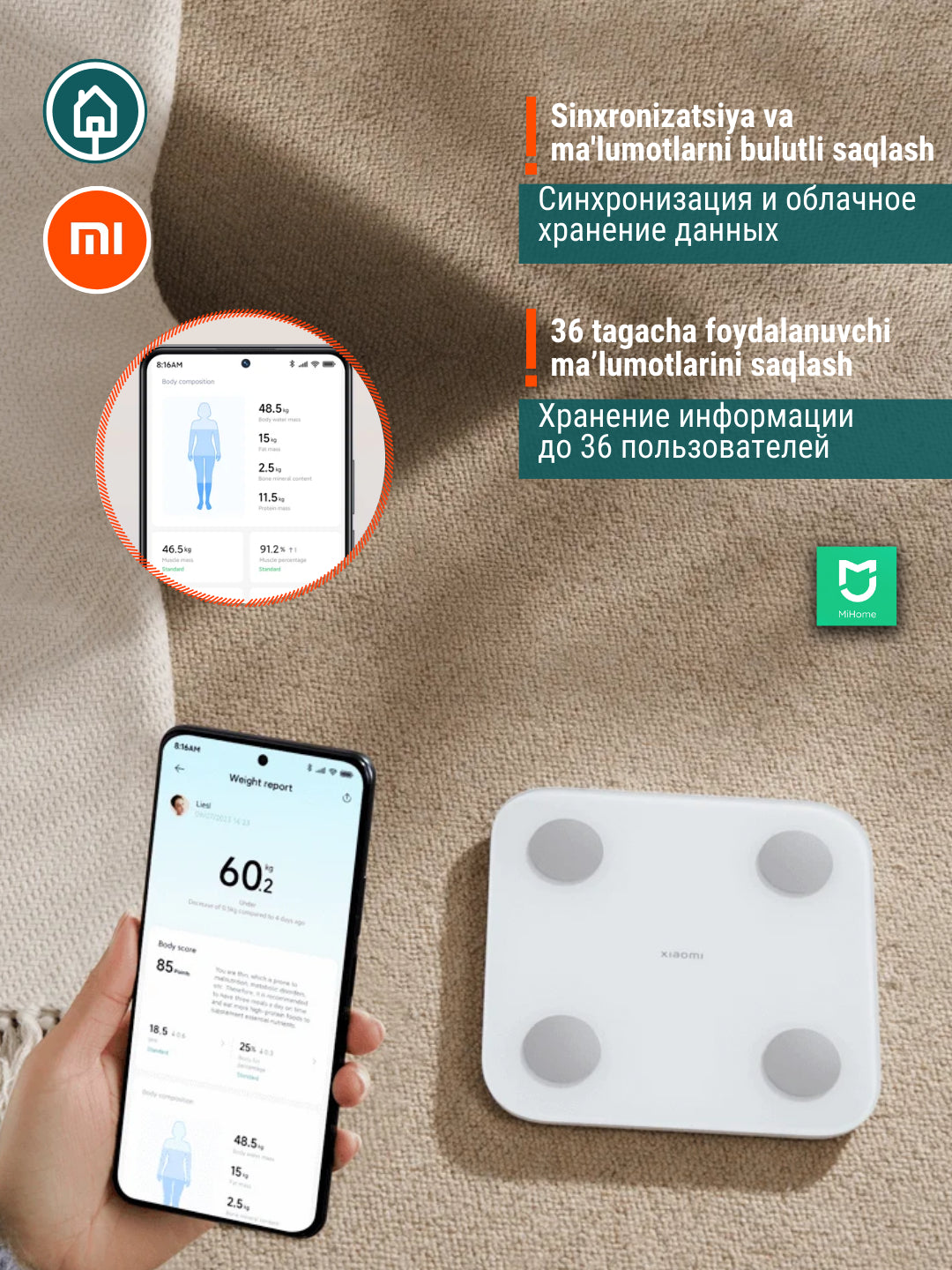 Aqlli tarozi Xiaomi Mi Body Composition Scale S400, 25 ta tana va sog'lik ko'rsatkichlari
