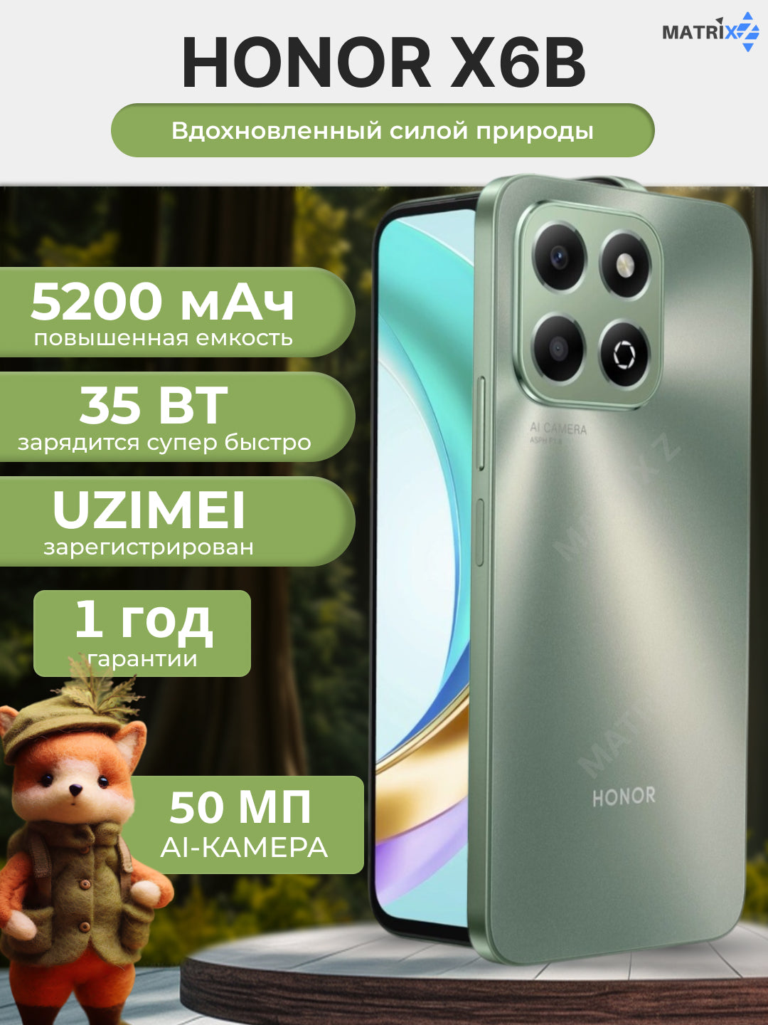 Smartfon Honor x6b, batareya 5200 mA/s, 50 Mp kamera AI, tez zaryadlash 35 Vt