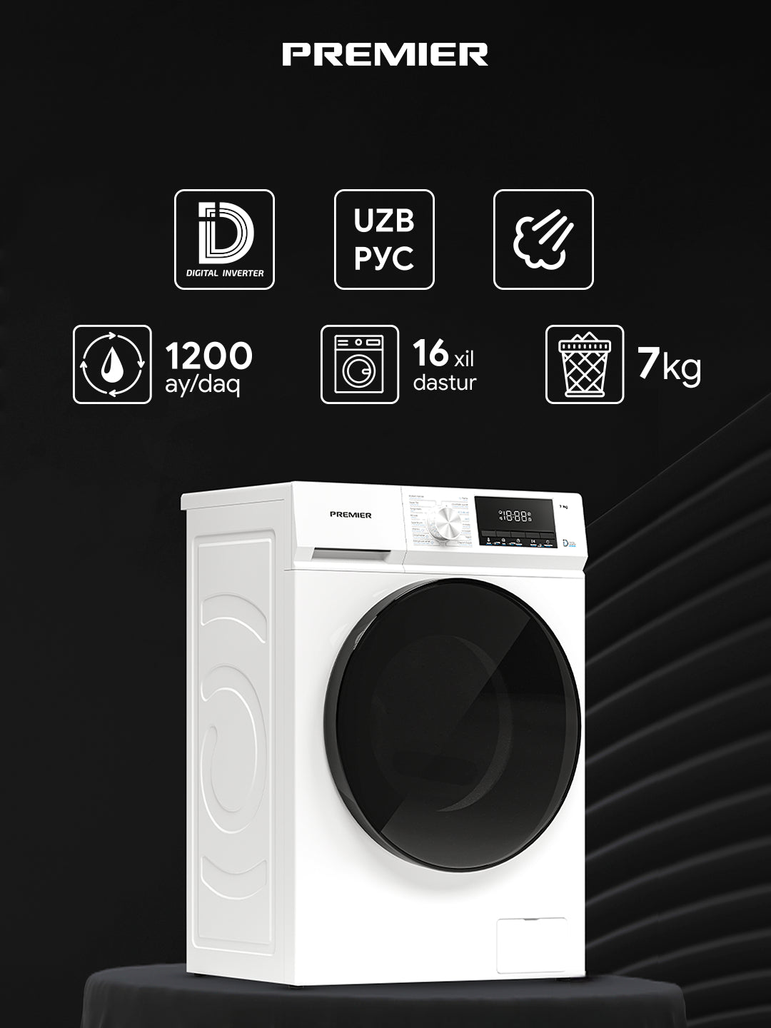 Kir yuvish mashinasi Premier PRM-70TC-06SF123064D, 7 kg, Invertor, bug' bilan yuvish