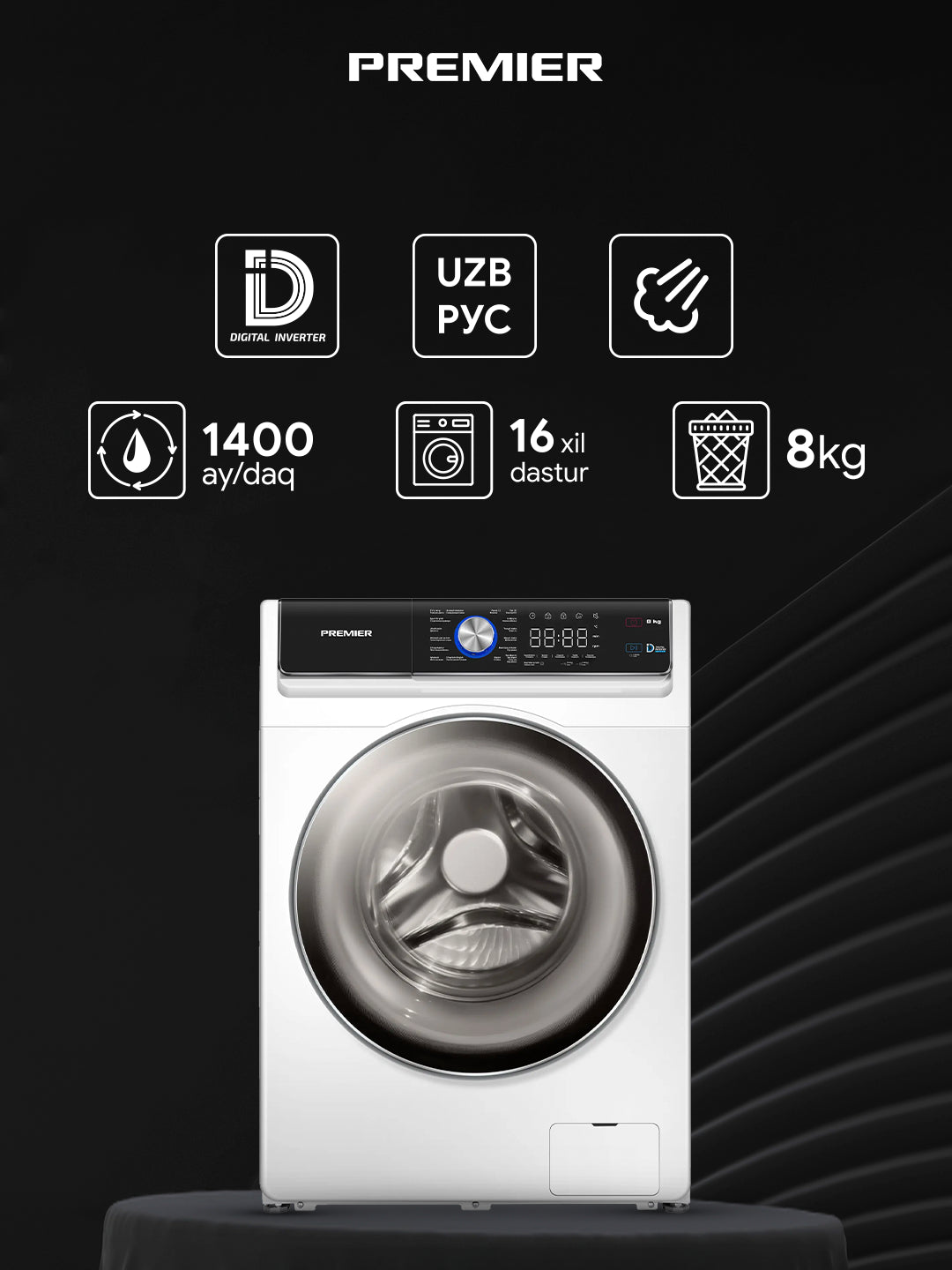 Kir yuvish mashinasi Premier PRM-80TC-08SF14508D-W/EG, 8 kg