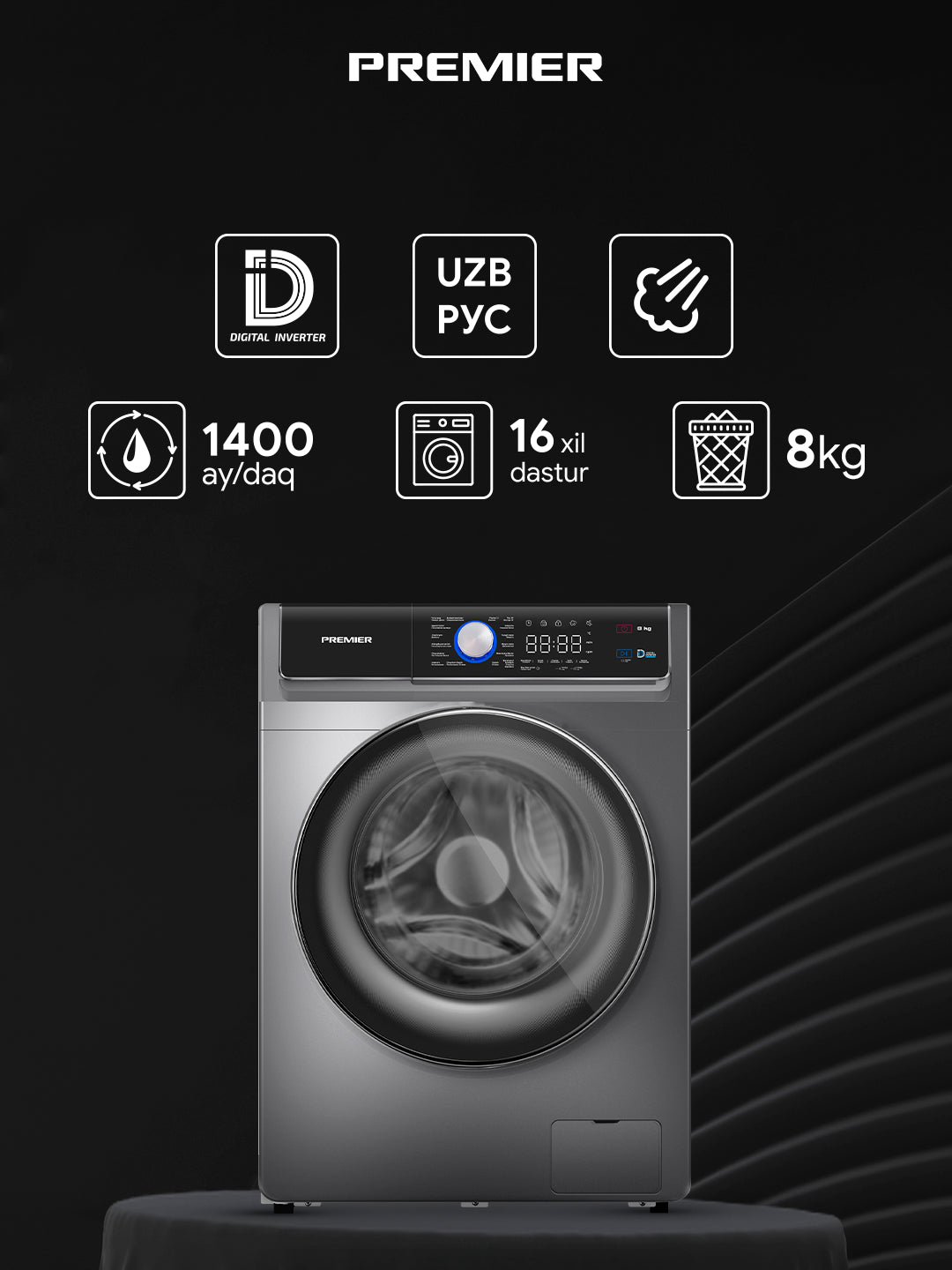 Kir yuvish mashinasi Premier PRM-80TC-08SF14508D-W/EG, 8 kg
