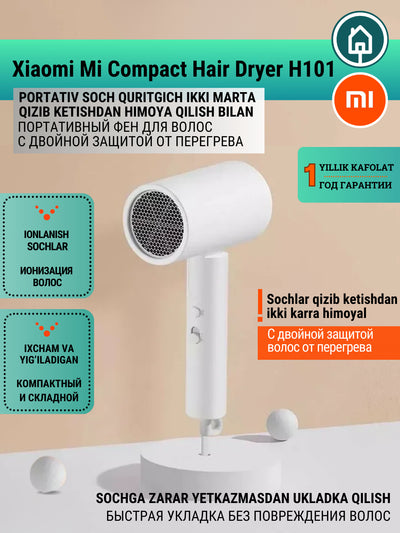Portativ fen Xiaomi Mi Compact Hair Dryer H101, sochlarni kuyishdan ikkilamchi himoya