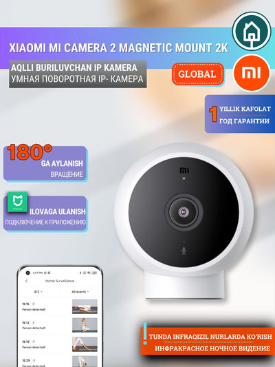 Aqlli videokamera Xiaomi Mi Camera 2 Magnetic Mount 2K Global, magnit ornatgichli