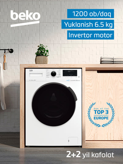 Beko WSPE6H616W kir yuvish mashinasi, 1200 ob/daq, invertor, 6.5 kg, bug' bilan yuvish