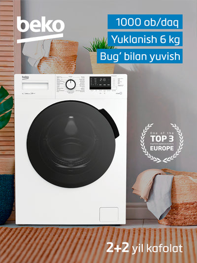 Beko WSRE6512PRW kir yuvish mashinasi, 6 kg, 1000 ob/daq, bug' bilan yuvish