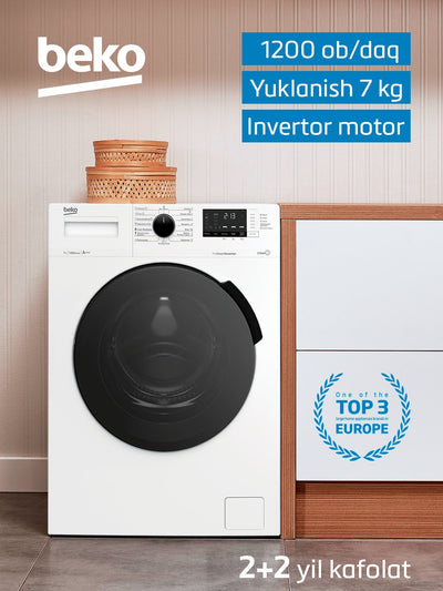 Beko RSPE78612W kir yuvish mashinasi, 1200 ob/daq, invertor motor, 7 kg, bug' bilan yuvish