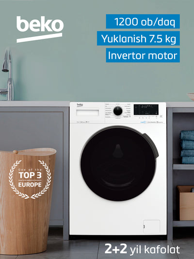 Beko WSPE7H616W kir yuvish mashinasi, 1200 ob/daq, invertor, 7.5 kg, bug' bilan yuvish