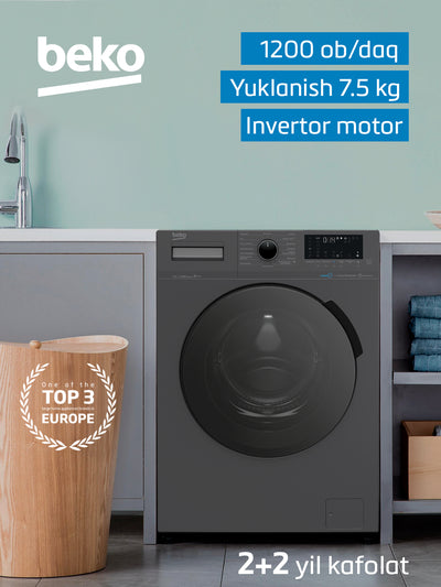 Beko WSPE7H616A kir yuvish mashinasi, 1200 ob/daq, invertor, 7.5 kg, bug' bilan yuvish