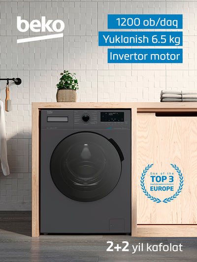 Beko WSPE6H616A kir yuvish mashinasi, 1200 ob/daq, invertor, 6.5 kg, bug' bilan yuvish