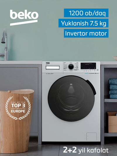 Beko WSPE7H616S kir yuvish mashinasi, 1200 ob/daq, invertor, 7.5 kg, bug' bilan yuvish