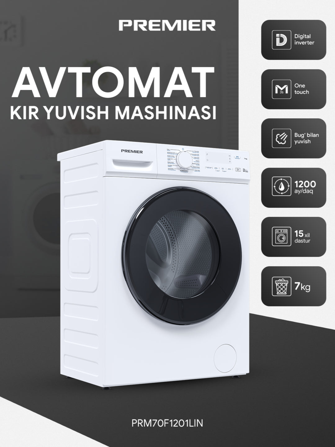 Kir yuvish mashinasi Premier PRM-70F1201LIN, 7 kg, Invertor, bug' bilan yuvish