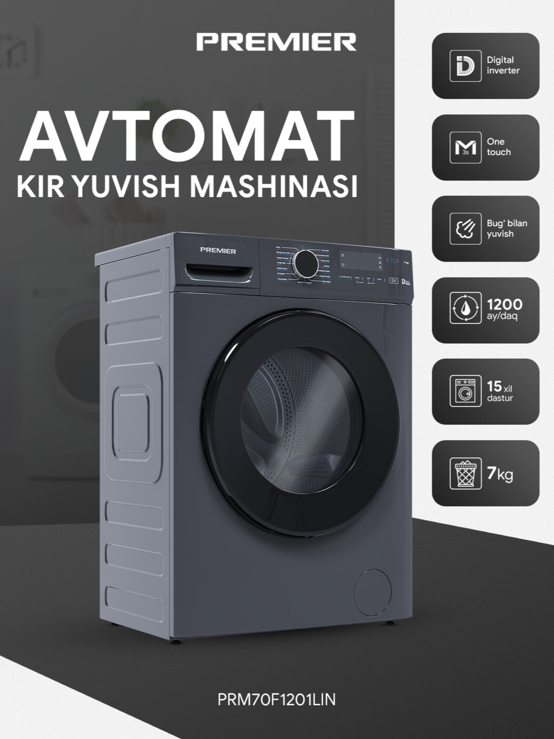 Kir yuvish mashinasi Premier PRM-70F1201LIN, 7 kg, Invertor, bug' bilan yuvish