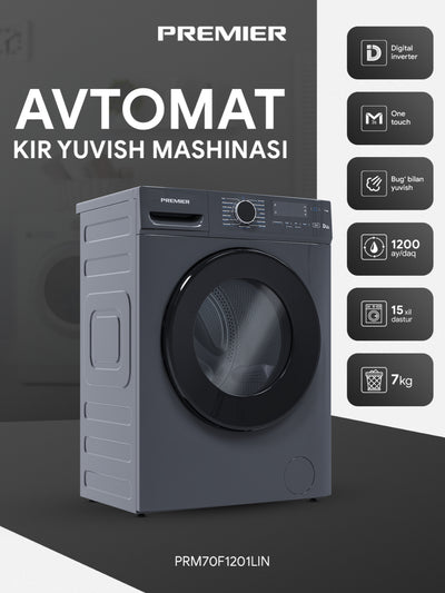 Kir yuvish mashinasi Premier PRM-70F1201LIN, 7 kg, Invertor, bug' bilan yuvish