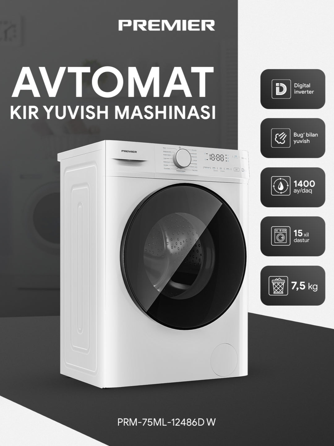 Kir yuvish mashinasi Premier PRM-75ML-12486D-W, 7.5 kg