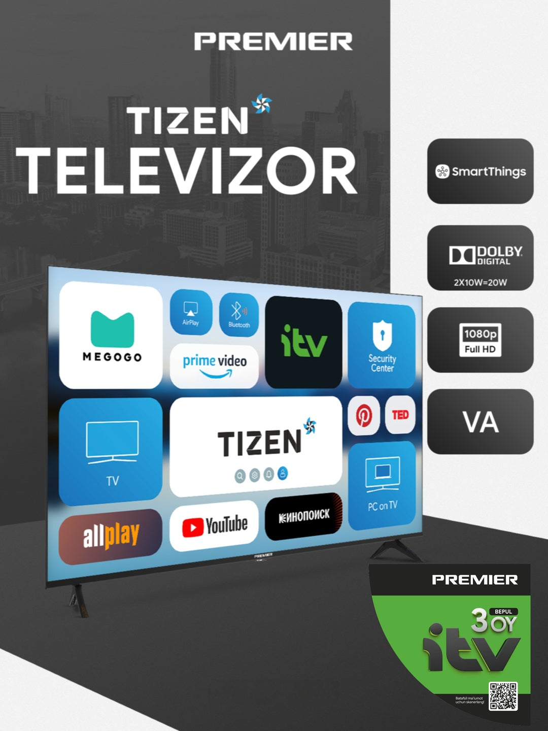 Televizor Premier 43PRM3010FSV, FullHD, Smart Tv, Tizen Os Samsung operatsion tizim