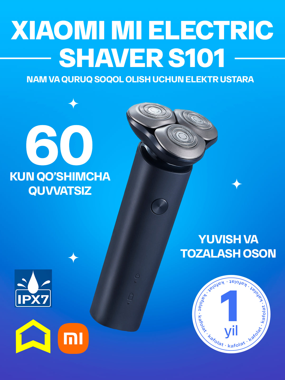 Elektr ustara Xiaomi Mi Electric Shaver S101, 60 kungacha qoshimcha quvvatlashsiz