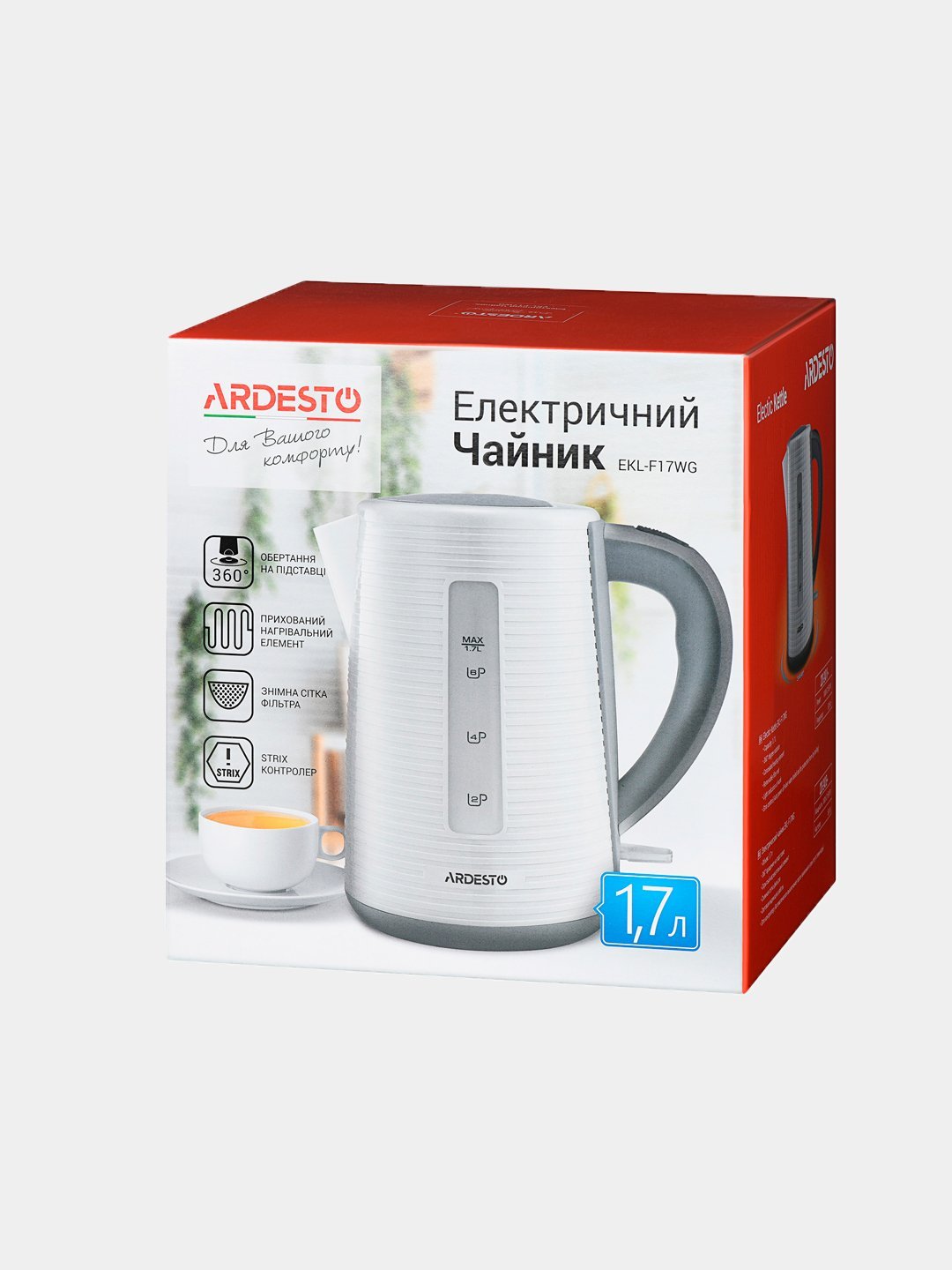 Elektr choynak Ardesto EKL-F17WG 1,7l/2150W/strix boshqaruvi/rang oq + kulrang